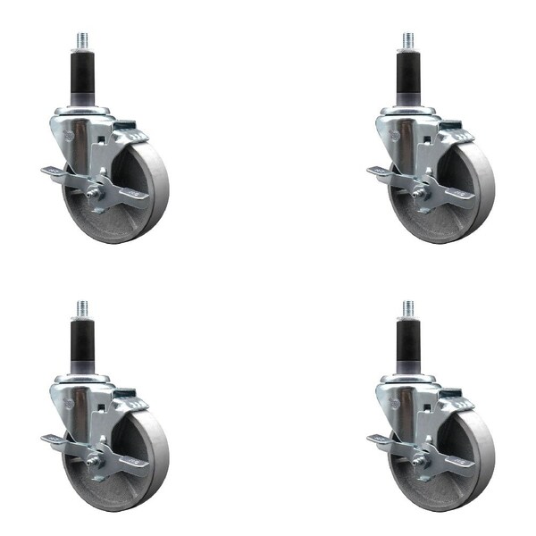 4'' Semi Steel Swivel 1-1/8'' Expanding Stem Caster Set with Brake, 4PK